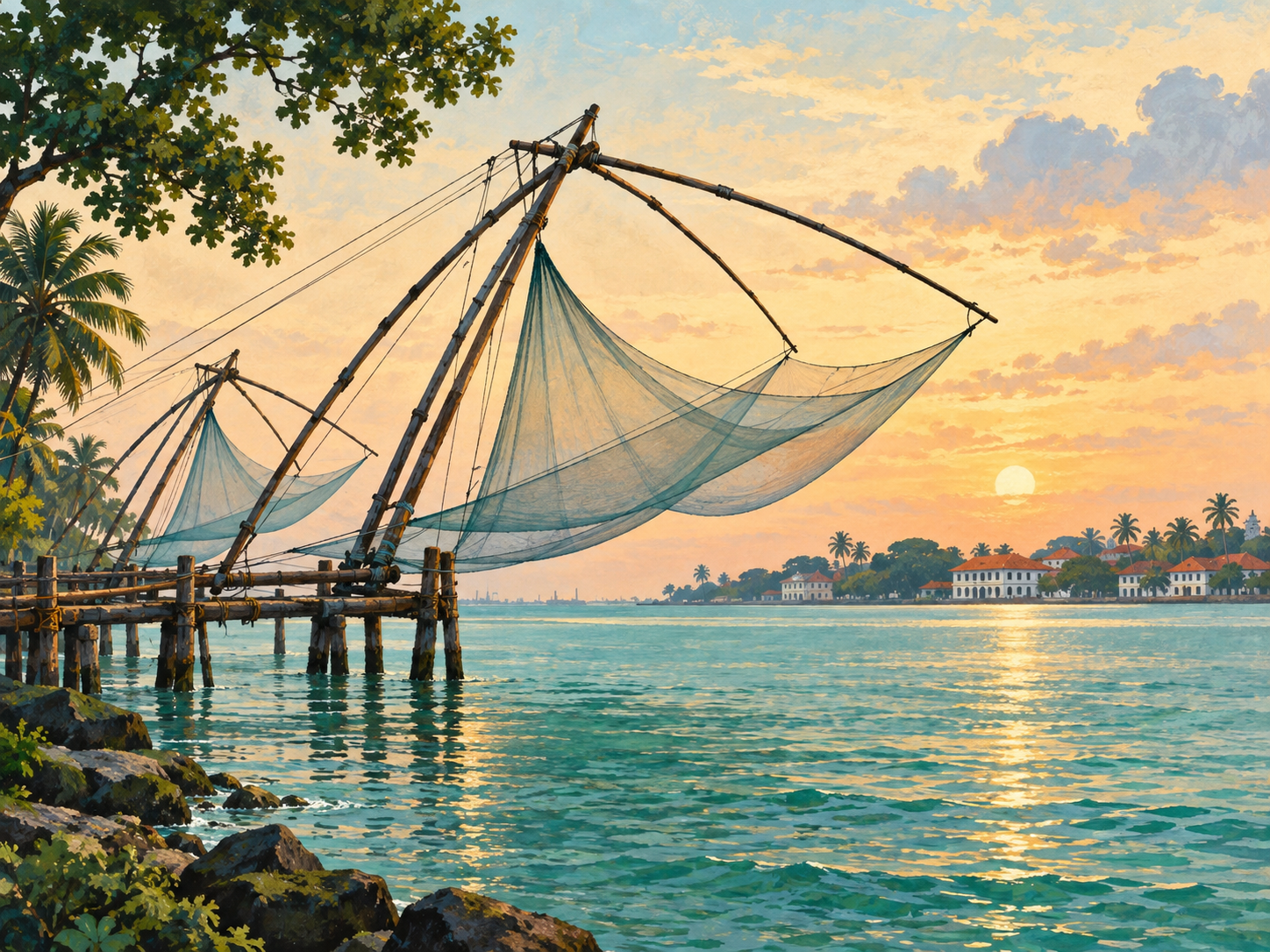 Illustration of Cochinโs waterfront and Chinese fishing nets