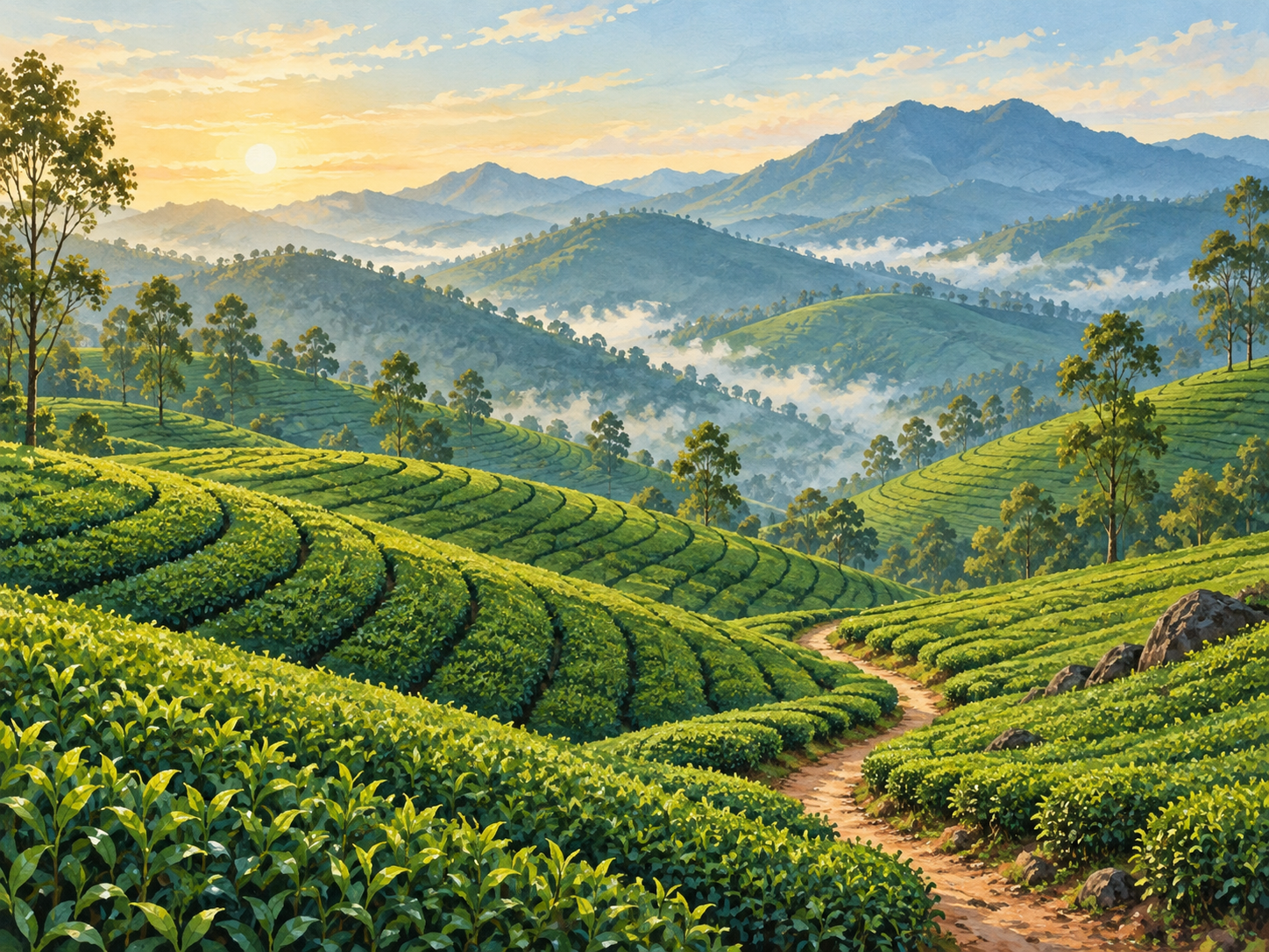 Illustration of green tea plantations and misty hills in Munnar